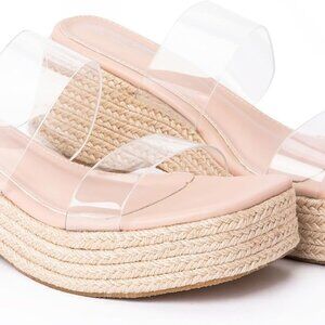 Women Slip On Espadrille Sandals Nude Size 8 Clear Strap Cushioned Wedges